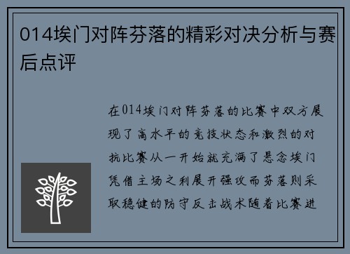 014埃门对阵芬落的精彩对决分析与赛后点评