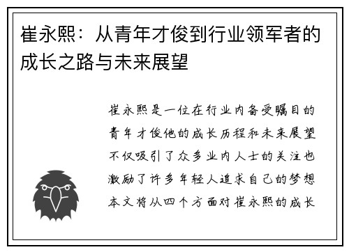 崔永熙：从青年才俊到行业领军者的成长之路与未来展望