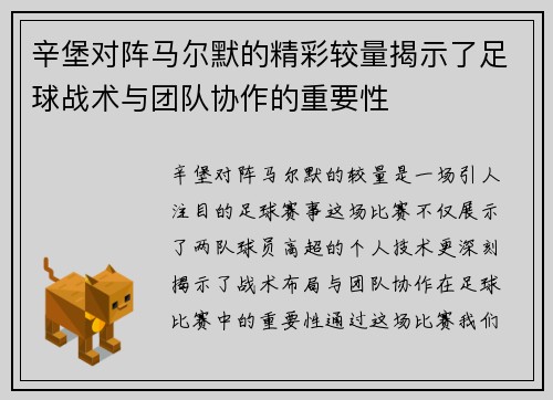 辛堡对阵马尔默的精彩较量揭示了足球战术与团队协作的重要性