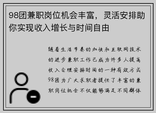 98团兼职岗位机会丰富，灵活安排助你实现收入增长与时间自由