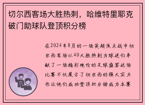 切尔西客场大胜热刺，哈维特里耶克破门助球队登顶积分榜