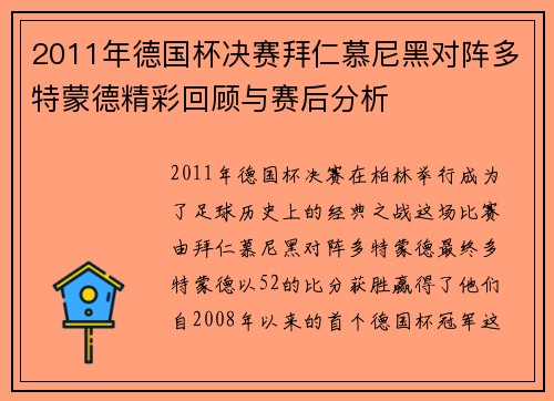 2011年德国杯决赛拜仁慕尼黑对阵多特蒙德精彩回顾与赛后分析