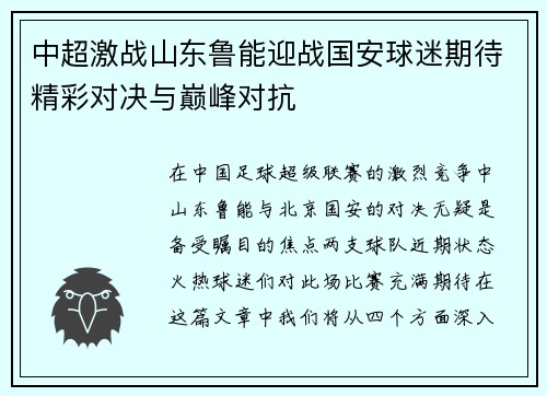 中超激战山东鲁能迎战国安球迷期待精彩对决与巅峰对抗