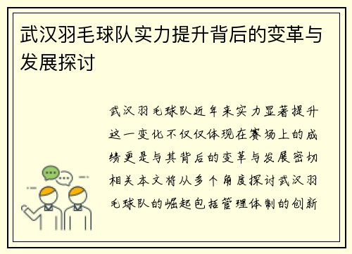 武汉羽毛球队实力提升背后的变革与发展探讨