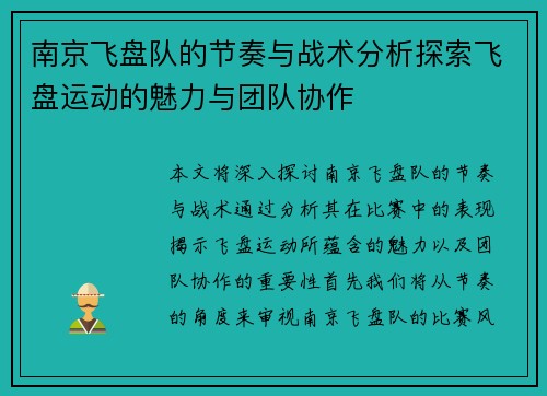 南京飞盘队的节奏与战术分析探索飞盘运动的魅力与团队协作