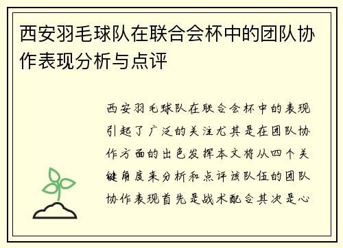 西安羽毛球队在联合会杯中的团队协作表现分析与点评