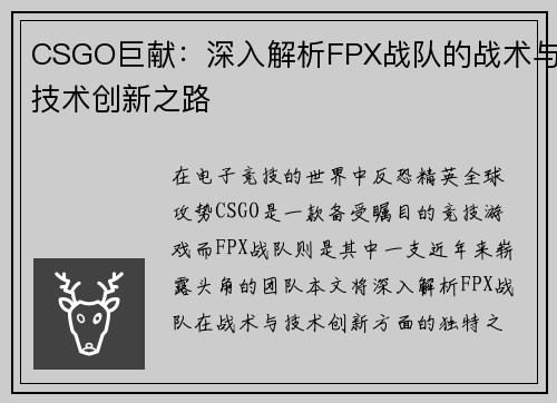 CSGO巨献：深入解析FPX战队的战术与技术创新之路