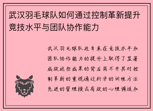武汉羽毛球队如何通过控制革新提升竞技水平与团队协作能力